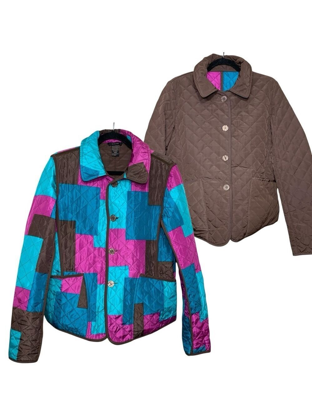 Vintage Silk Land Reversible Quilted Silk Jacket Brown Colorful Patchwork Sz M